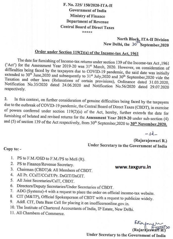 CBDT extends due date for filing ITRs for AY 2019-20 to 30.11.2020