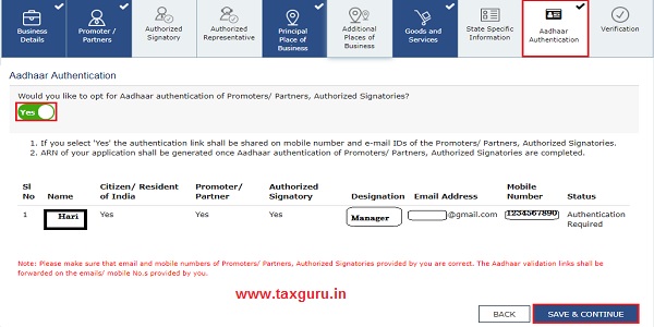 Tab 9 Aadhaar Authentication tab