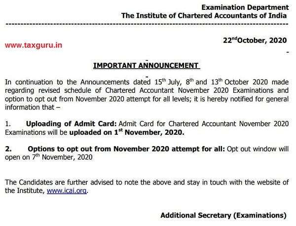 Admit Card for Chartered Accountant November 2020