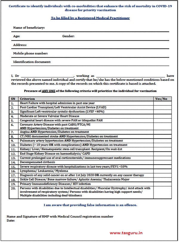 Simplified system of certifying people with 20 co-morbidities