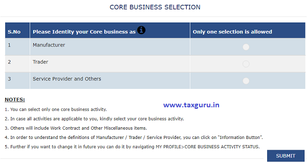 GSTN New Functionality of SELECTION OF CORE BUSINESS