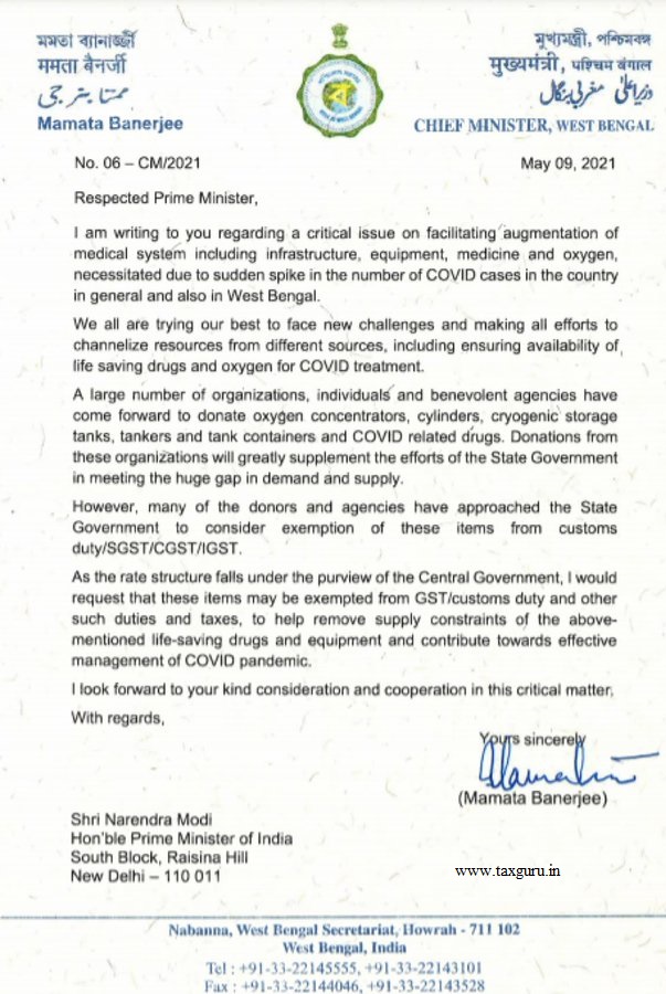 Letter from CM of West Bengal to PM
