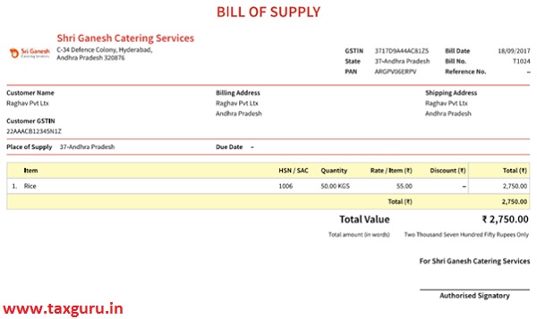 Bill of Supply for supplies