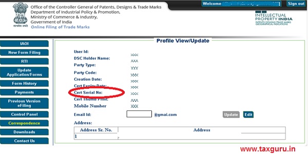 DSC on Trademark E-filing portal