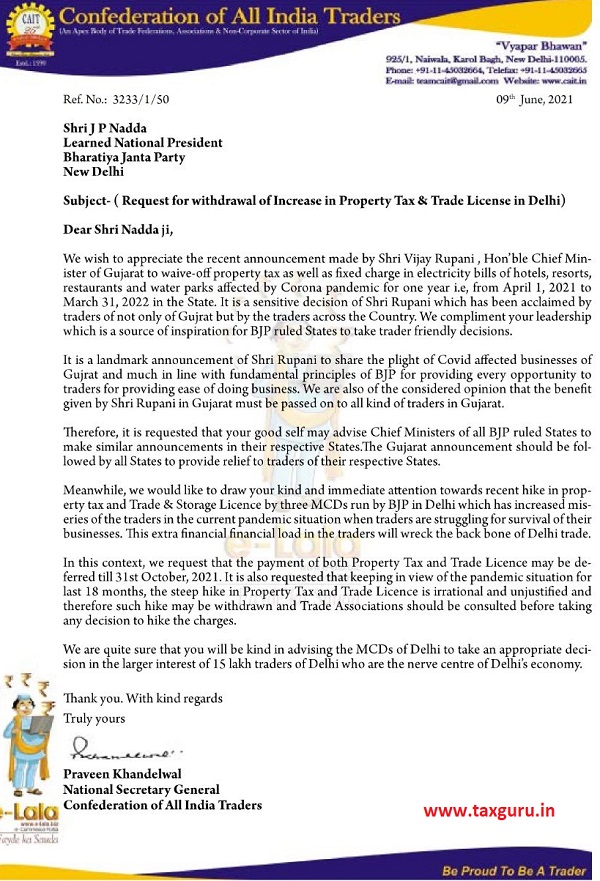 Request for withdrawal of Increase in Property Tax & Trade License in Delhi