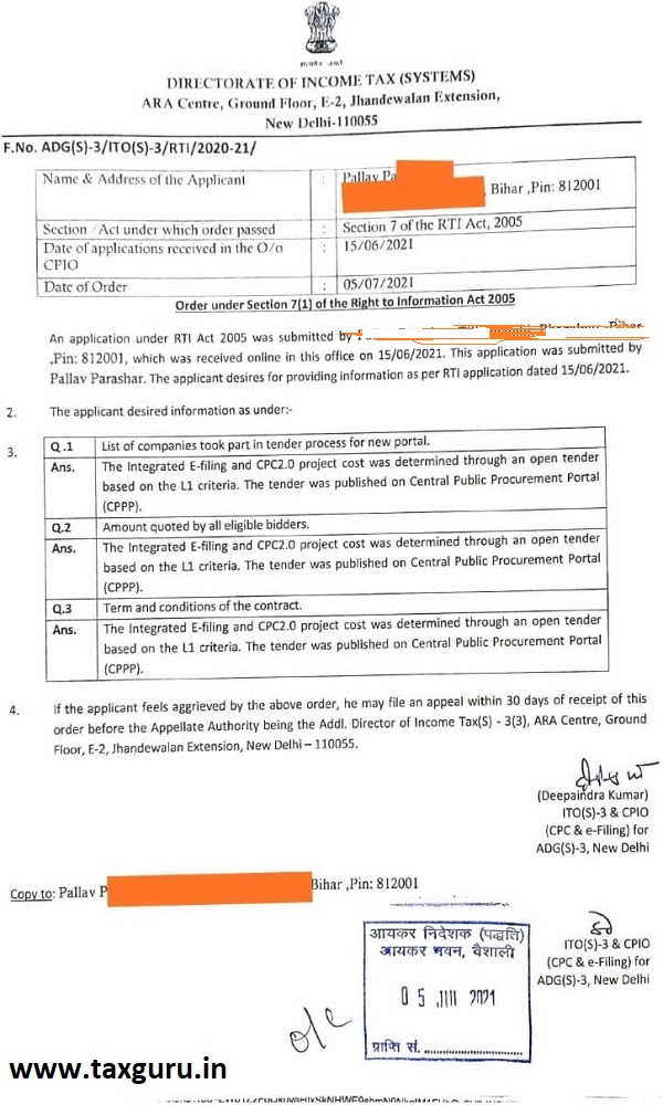 RTI on cost and tender process for new Income Tax portal