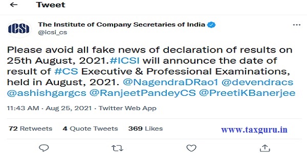 ICSI denies news of declaration of results on 25th August 2021