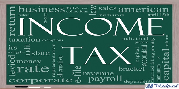 A word cloud concept around the words Income Tax on a blackboard