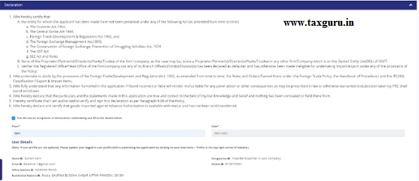 Step 15 Accept the declaration by selecting the check box and entering Place name