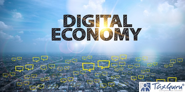 DIGITAL ECONOMY text on city and sky background with bubble chat ,business analysis and strategy as concept