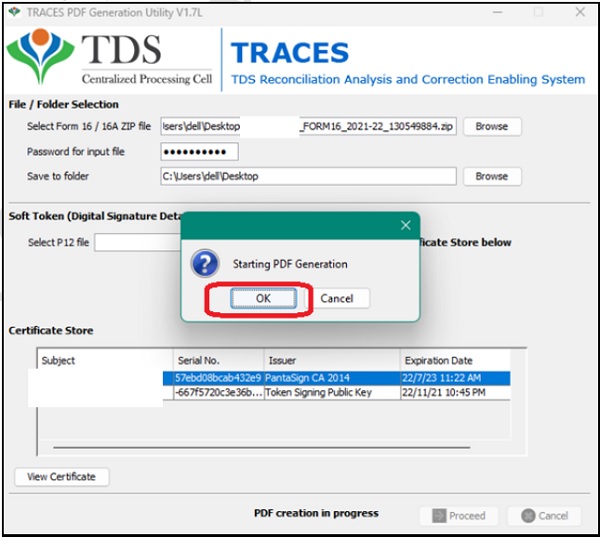 browse the form 16-PARTA Zip file and affix the DSC