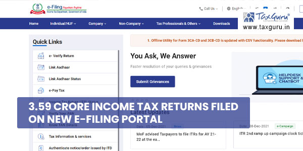 3-59 crore Income Tax Returns filed on new e-filing portal