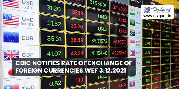 CBIC Notifies Rate of Exchange of Foreign Currencies wef 3.12.2021