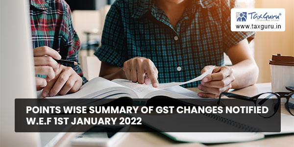 Points wise Summary of GST Changes Notified w.e.f 1st January 2022