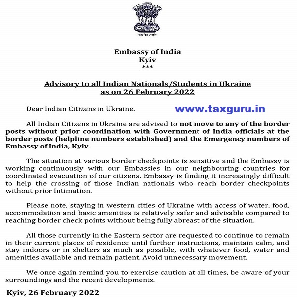 Advisory to all Indian Nationals Students in Ukraine