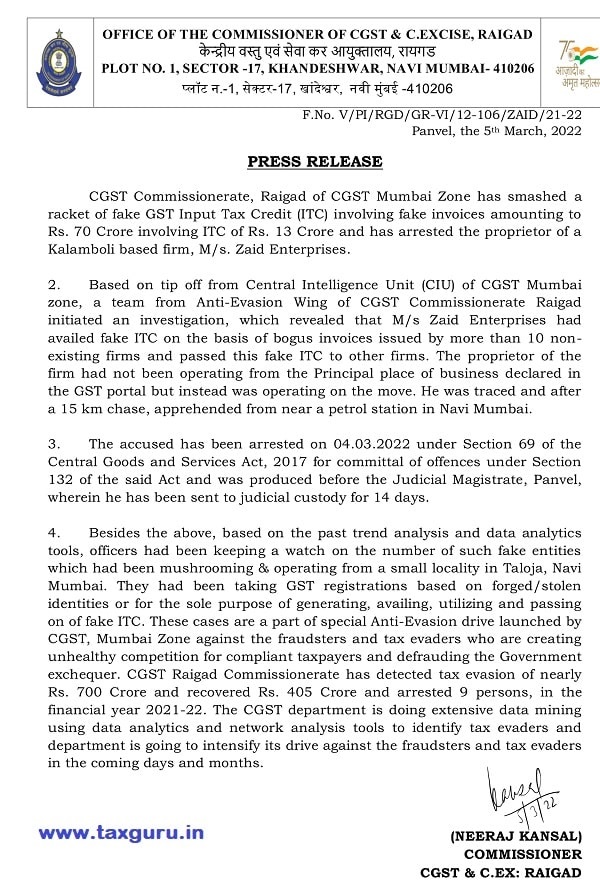 CGST Mumbai Zone smashed fake GST Input Tax Credit racket