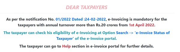E-invoicing on Turnover over 20 Crores