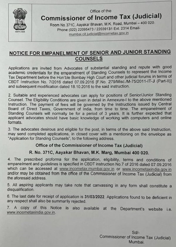 Empanelment of Senior Standing and Junior Standing Counsels for Income Tax Dept