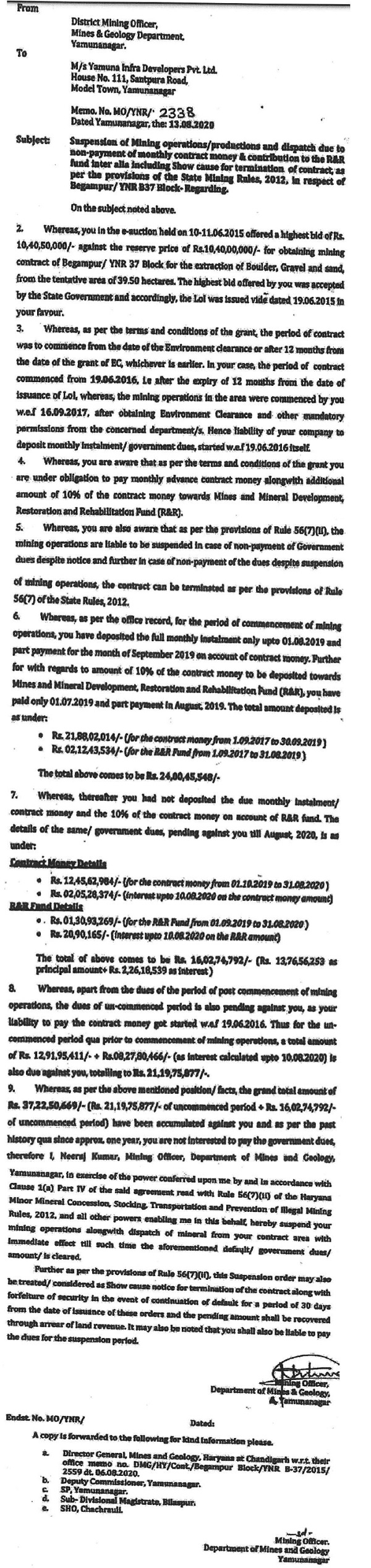 Suspension of production and dispatch due