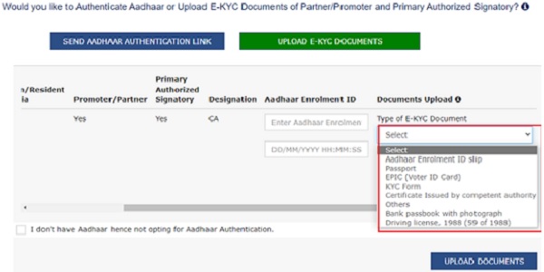 Click the Type of E-KYC Document drop-down list to select the type of document