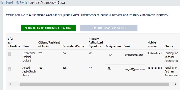 The status gets changed to Pending for Aadhaar Authentication