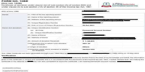 After Successful Submission of the form 10 BD you can able to download the Certification of Donation (Form 10 BE) after 24 hrs