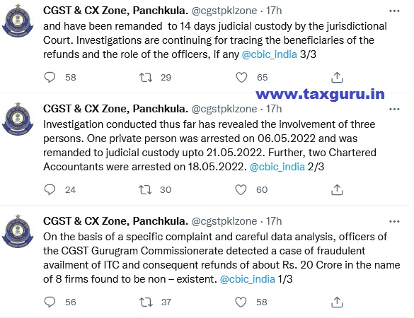 Tweet by CGST Panchkula on Arrest of two Chartered Accountants