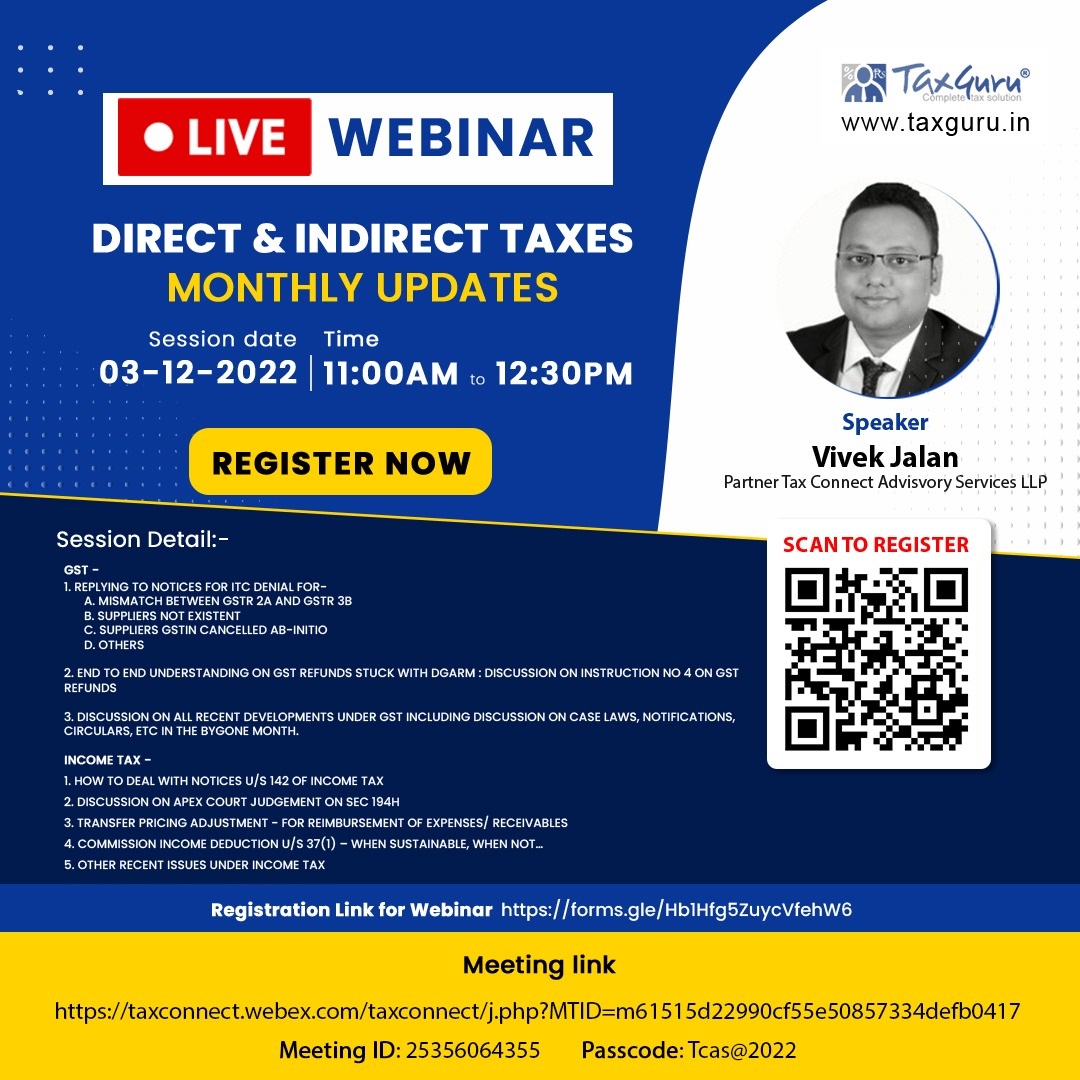 Webinar on Monthly Updates on Direct & Indirect Taxes on 3rd December 2022