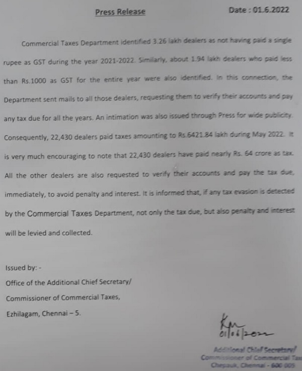 Commercial Taxes Department identified 3.26 lakh dealers as  not having paid a single rupee as GST during the year 2021-2022