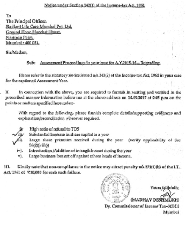 Notice under section 142 (1) of the Income Tax Act, 1961