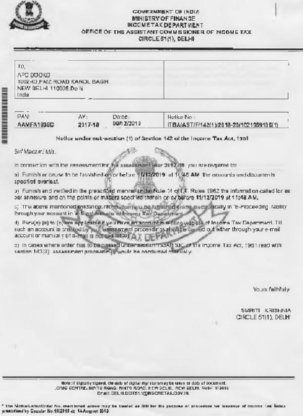 Notice under sub-section (1) section 142 of the income act, 1961