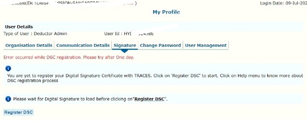 Error occurred while DSC registration