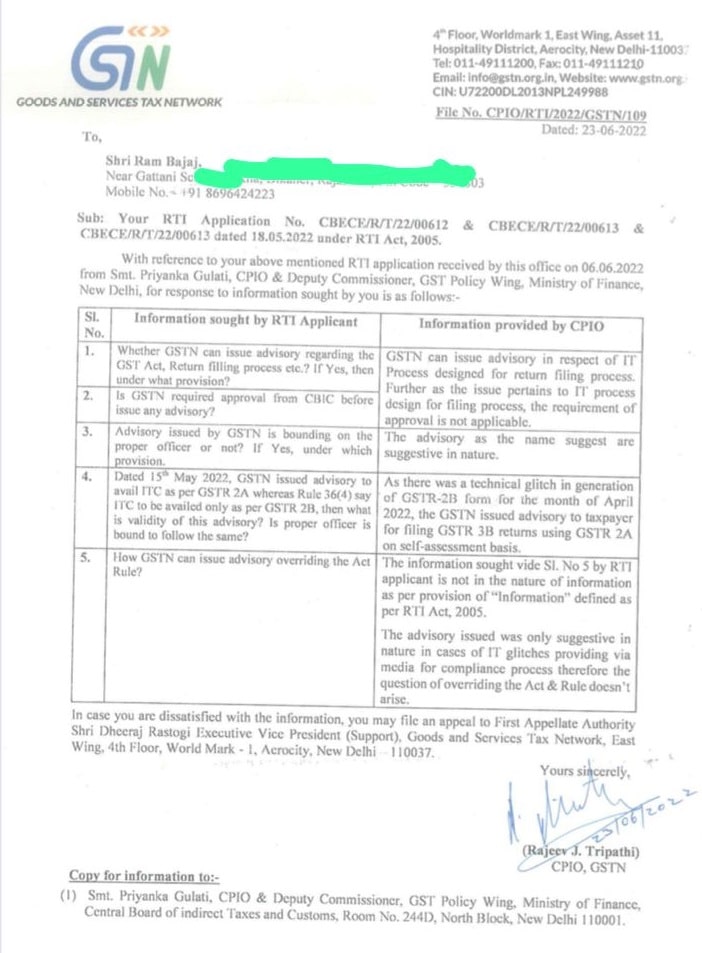 GSTN advisories are suggestive and does not carry any legal binding on CBIC. - My RTI reply by CBIC