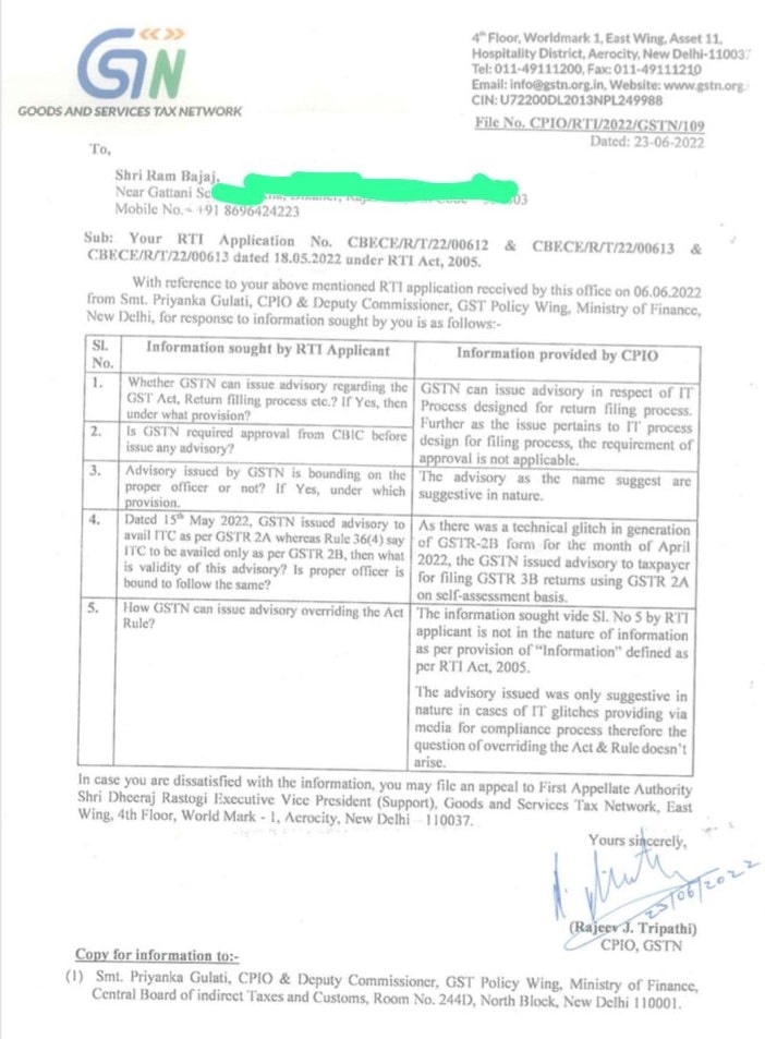 GSTN advisories does not carry any legal binding on CBIC- RTI Reply