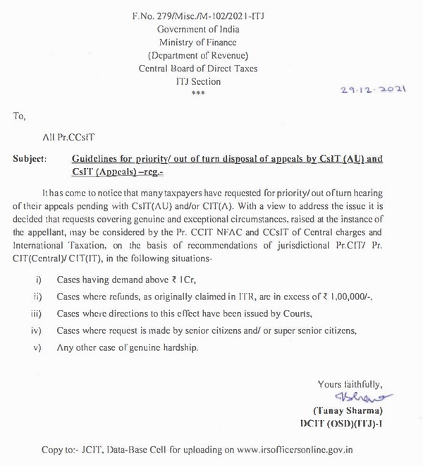 Guidelines for priority-out of turn disposal of appeals by CsIT (AU) and CsIT (Appeals)
