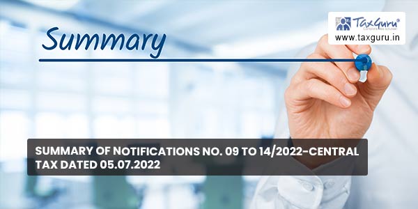 Summary of Notifications No. 09 to 14-2022-Central Tax dated 05.07.2022