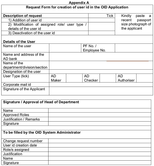 Appendix A - Request Form for creation of user id in the OID Application