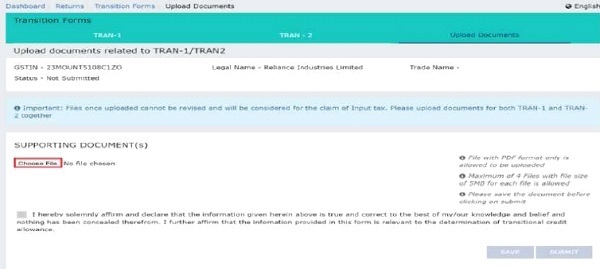 A separate facility to upload any supporting documents in GST