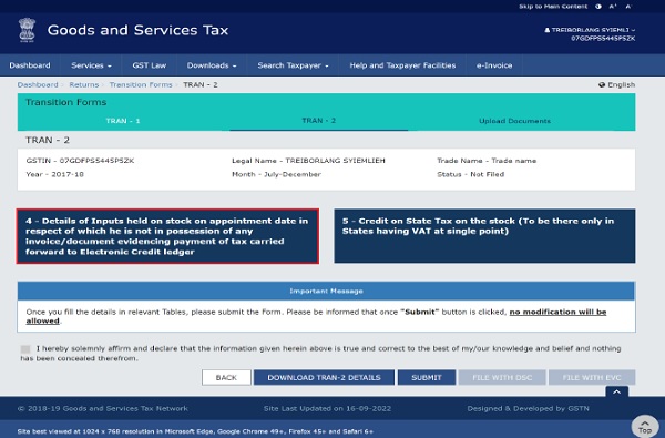 Click the 4 - Details of Inputs held on stock on appointment date in respect of which he is not in possession of any invoice