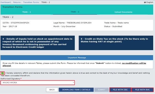 Click the FILE WITH DSC or FILE WITH EVC button