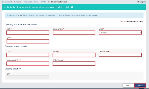 In the ITC Allowed field, enter the ITC allowed on the central tax and integrated tax paid on the outward supply depending on the tax rate of the sold