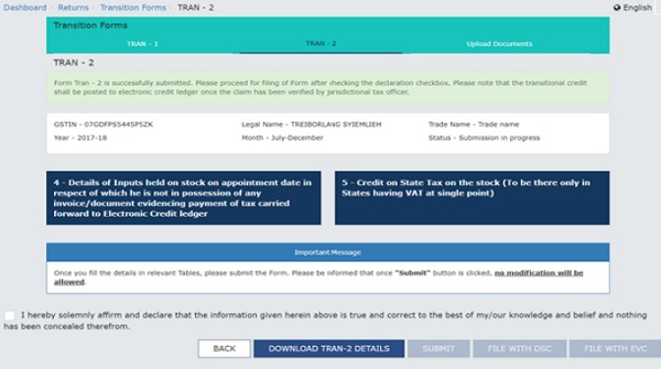 Refresh the page and status of the TRAN - 2 - is changed from “Not filed” to “Submitted”.