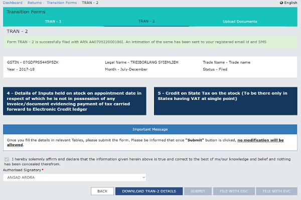 Status of the TRAN - 2 changes from Submitted to Filed