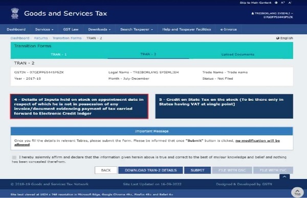 The tax payer shallfile the entire claim in one consolidated FORM GST TRAN-2