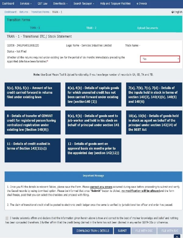 When the taxpayer selects Yes option, the following page will be displayed