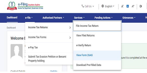 From these tabs, you have to click on e-file, then after on Income tax returns