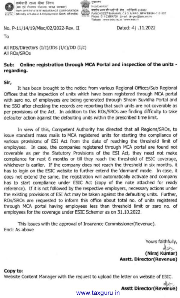 Online ESI registration through MCA Portal & inspection of units ­