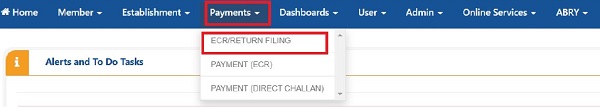 Navigate to the payments tab and select the ECR Return filing