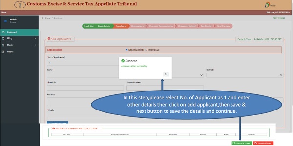 step, please select No. of Applicant