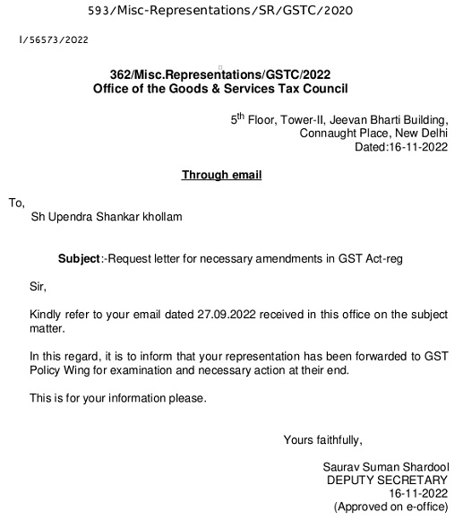 Request letter for necessary amendments in GST Act